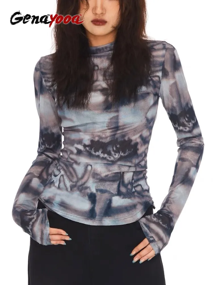 

Genayooa Harajuku T Shirt Women Long Sleeve Tie Dye Mesh Tops Y2k Vintage Tee Tops Streetwear See Through Tshirts E Girls Summer