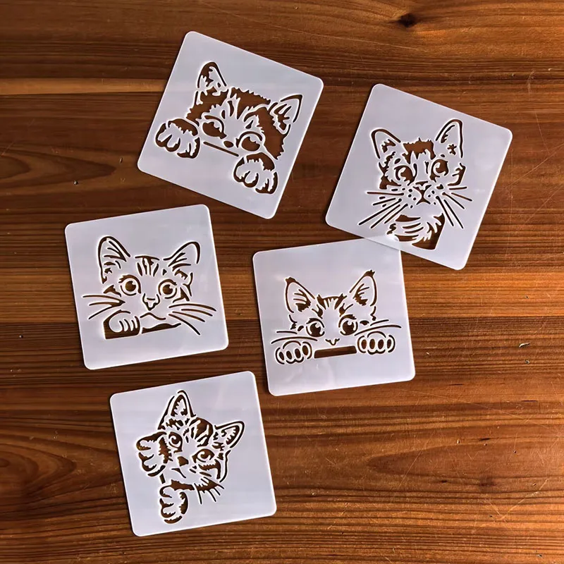 5PCS 9*9Cm 고양이 DIY 레이어링 스텐실 벽화 가구 스크랩북 색칠 엠보..