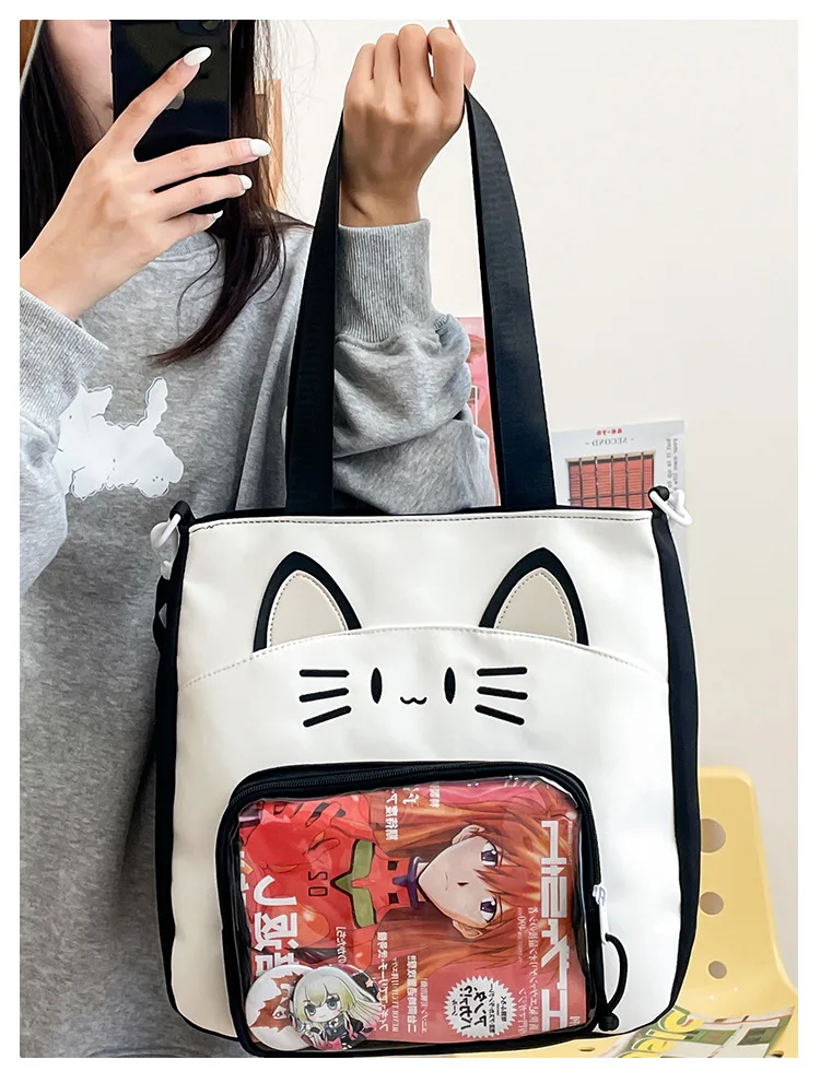Y2K Nette Katze Ita Schulter Tasche Große Kapazität Frauen Casual Umhängetasche Kawaii Mädchen Transparente Tasche DIY Display Nylon Handtasche – Detail 11