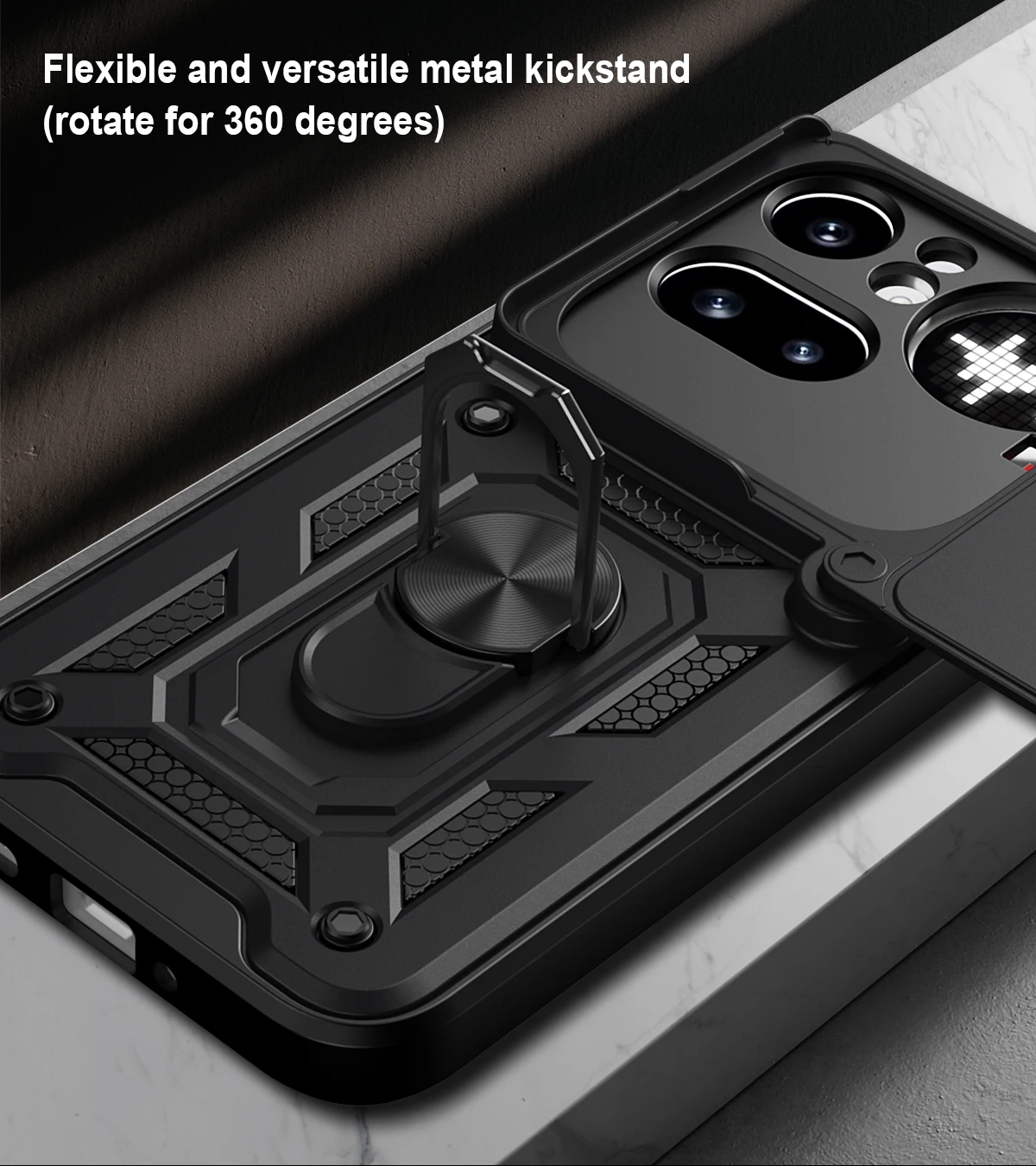 Heavy Duty Shockproof Camera Slider Phone Case with Matte Finish and Ring Holder Kickstand