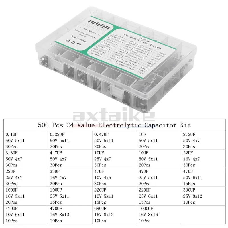 electrolytic capacitor 120/200/500Pcs 16V 25V 50V 0.1uF-1000uF Aluminum Electrolytic Capacitor Assorted Kit Box 1uF 4.7uF 10uF 47uF 220uF 330uF 470uF
