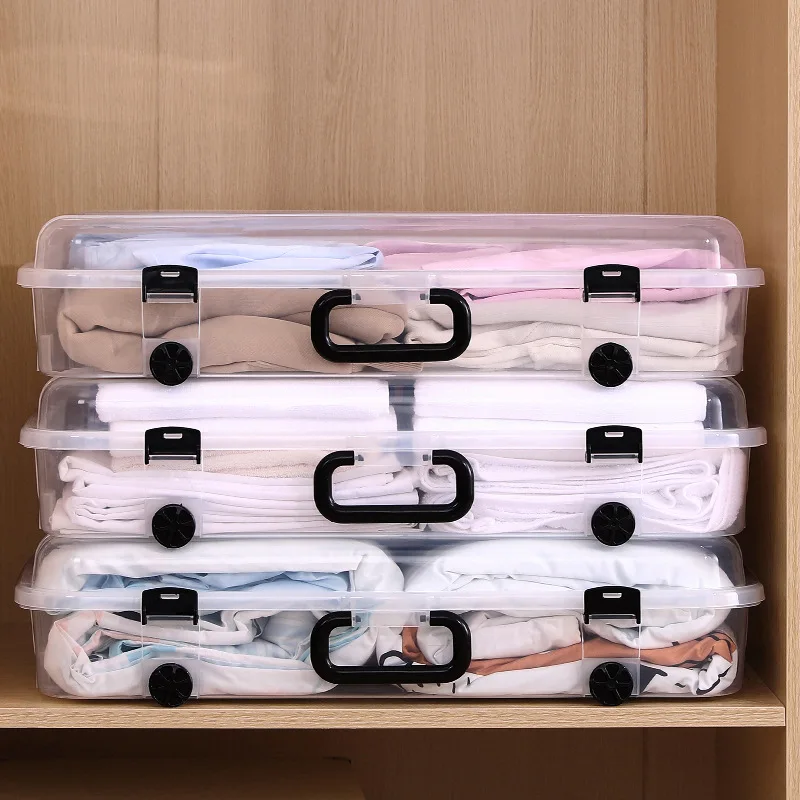 2pcs Underbed Storage Box Plastic Flat Finishing Box Pulley Underbed