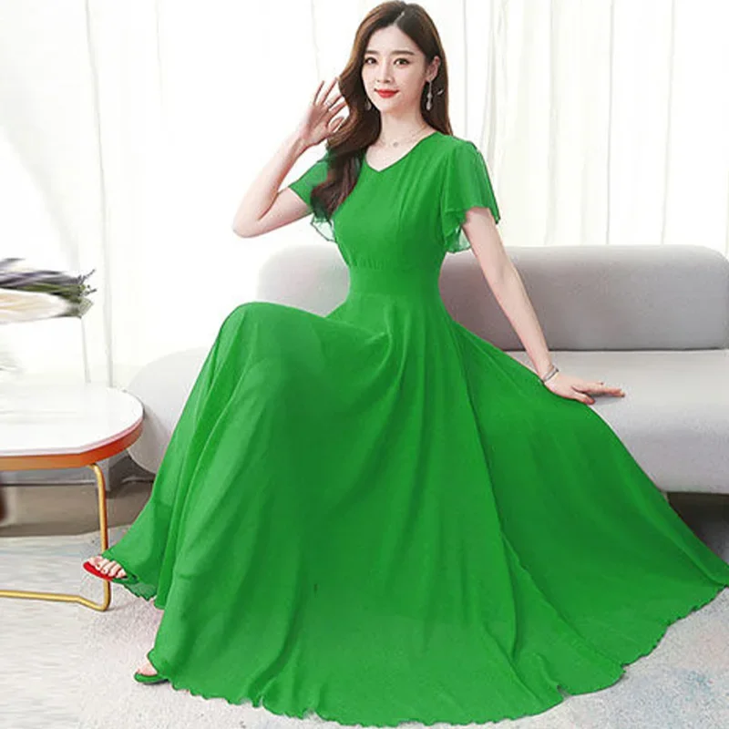 

Vintage V-neck Elegant Blue Short Sleeve Empire Sashes Slender A-LINE Dresses Solid Color Popularity Summer Dress Women L154