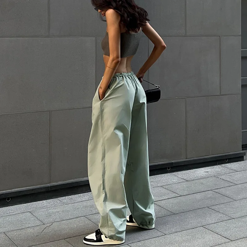 

Green High Waist Long Pant Women Fashion Pocket Cargo Pants 2023 Elegant Drawstring Casual Loose Trousers 2023 Y2K Streetwear