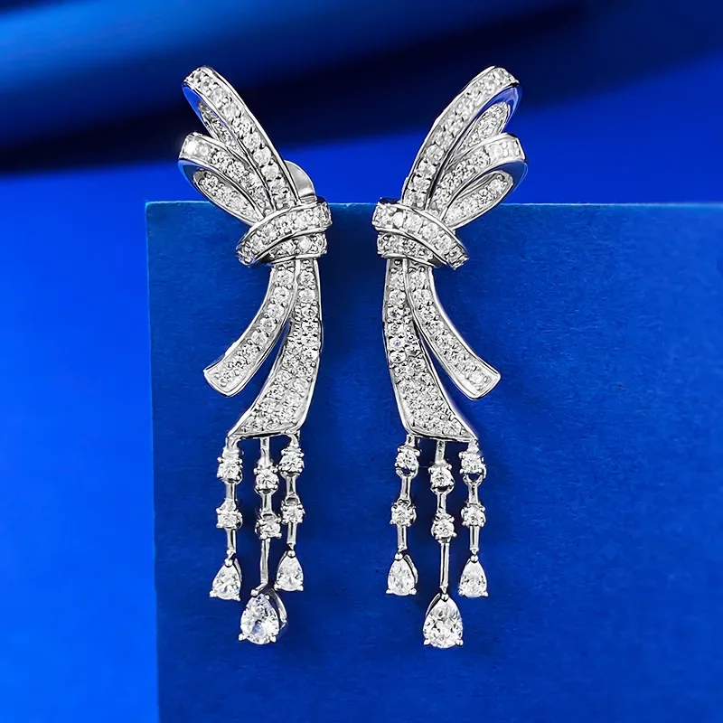 

Bowknot Moissanite Diamond Dangle Earring 100% Real 925 Sterling Silver Wedding Drop Earrings for Women Bridal Jewelry Gift