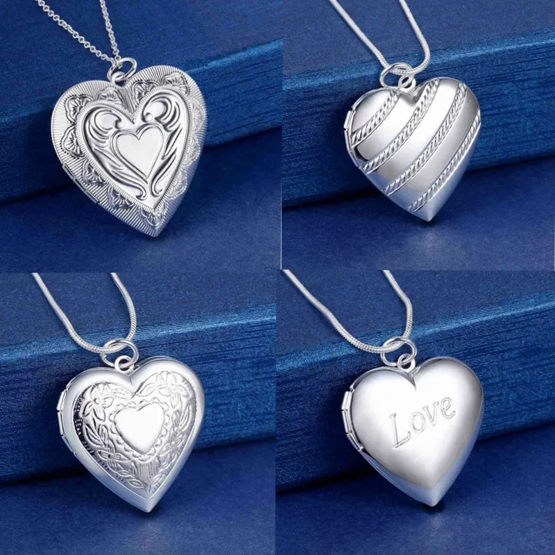 

Fine Lady Silver Photo Frame Pendant Snake Chain for Woman Necklaces Charm Wedding Fashion Jewelry