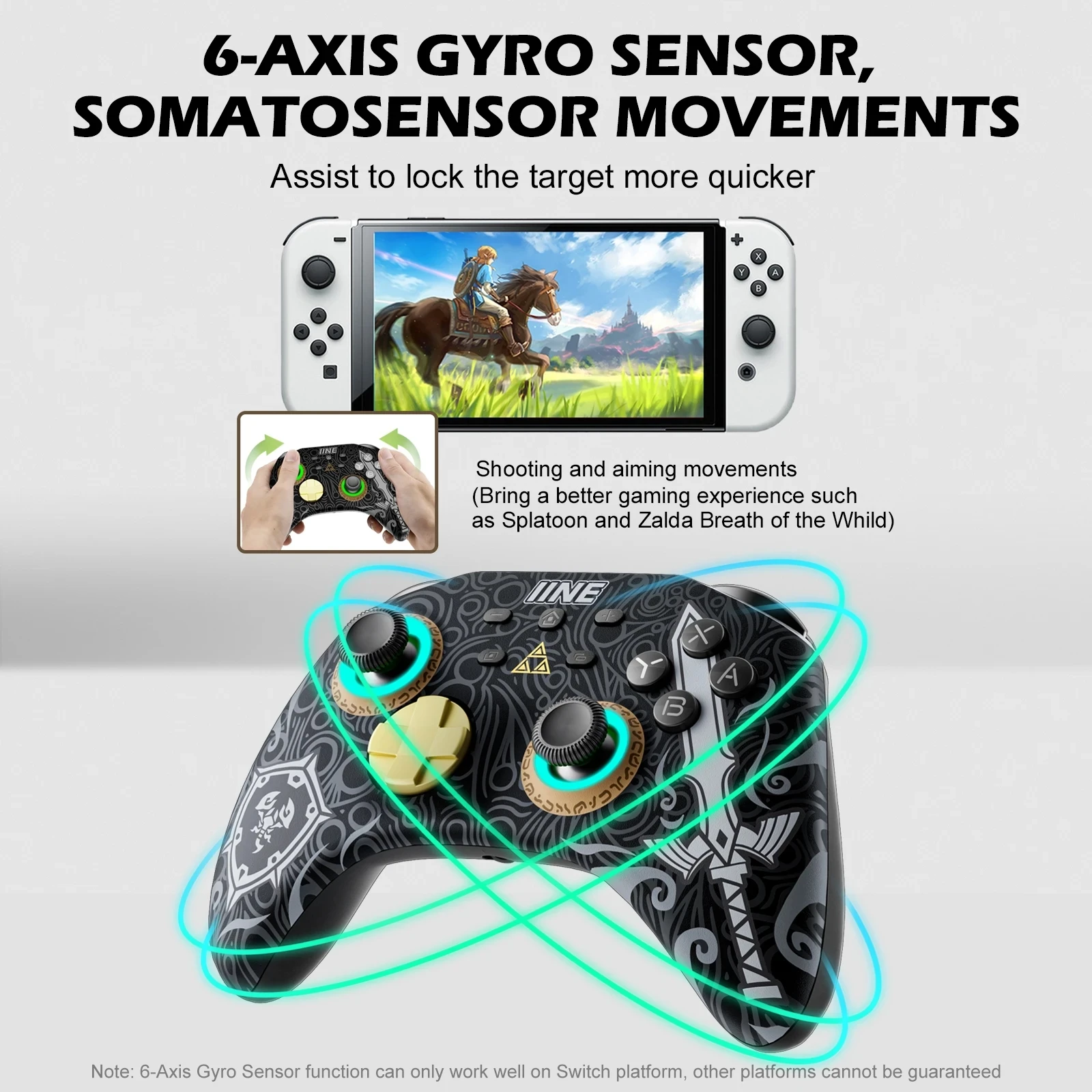 

IINE Ares Wireless 6-Axis Gyro Controller with Headset Jack RGB Light compatible For Switch PC Steam IOS Android Steam Phone
