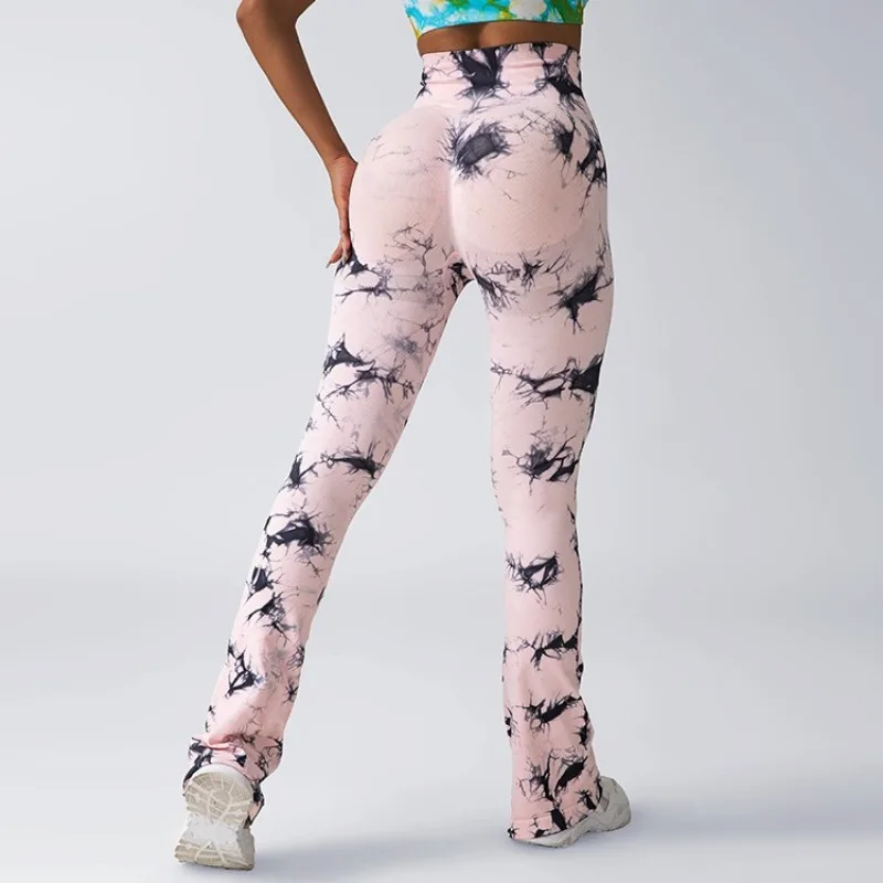 Tie dye Yoga flare pants high waist hip casual sports fitness pants stretch slimming tight belly wide leg pants women's leggings
