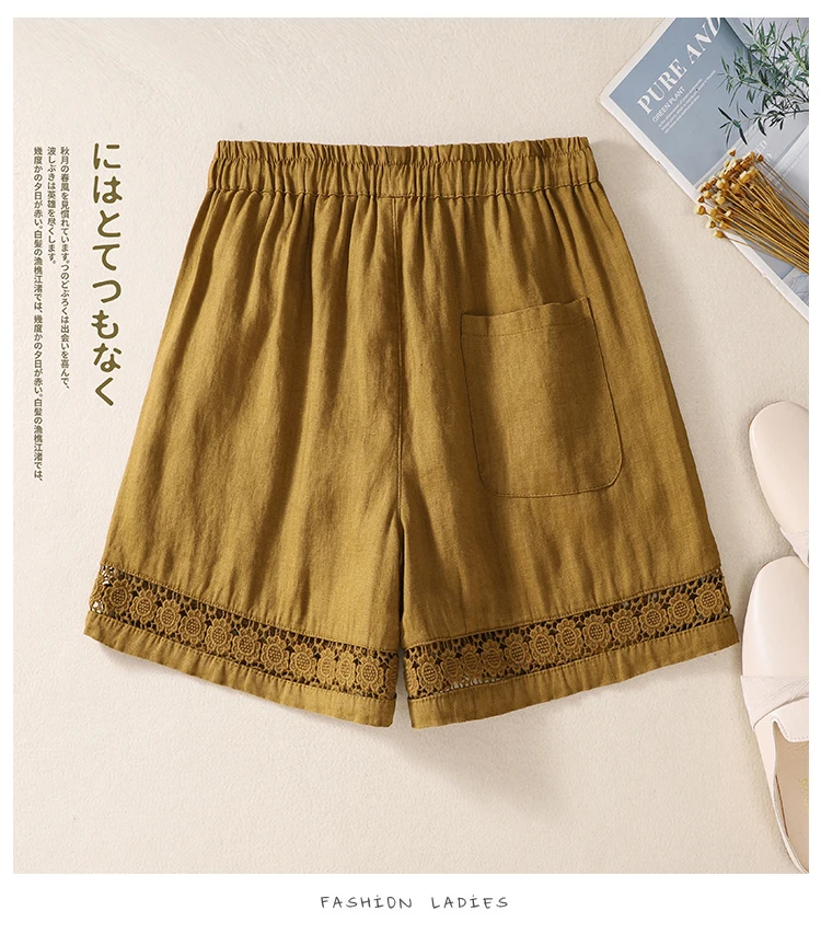 Casual Solid Linen Cotton Lace Floral Summer Short Pants Loose Elastic Waist Boho Beach Wear Shorts for Women Bottom