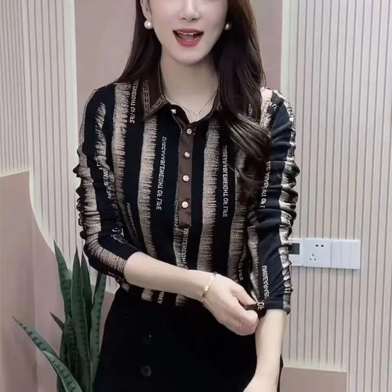 2023 Elegant Temperament Simplicity Office Lady Blouses Striped Printing Long Sleeve Polo-Neck Button Top Women Clothing