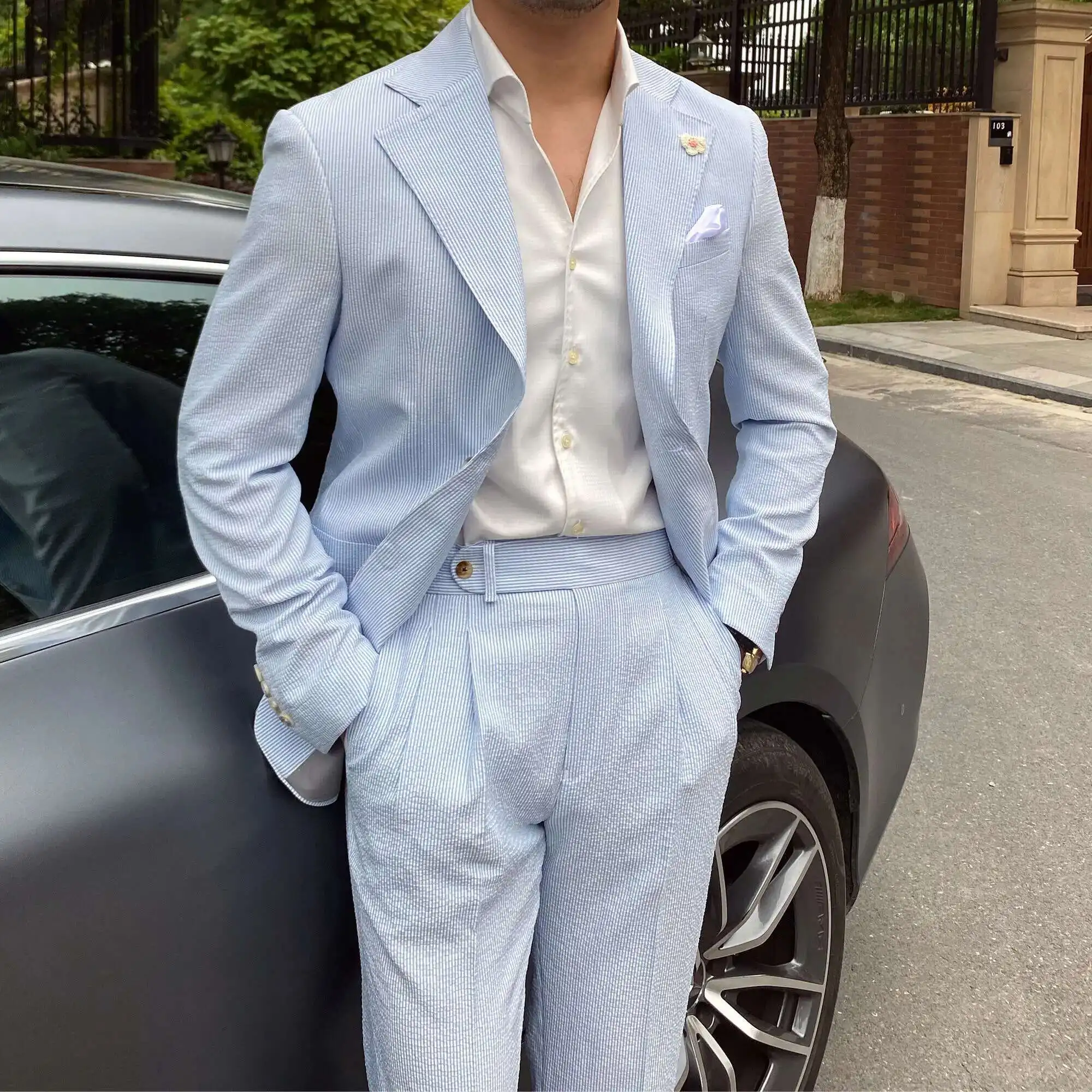 Summer Thin Men Leisure Blue Striped Seersucker Suit British Gentry Suit Men Business Tuxedos Slim Fit Groom
