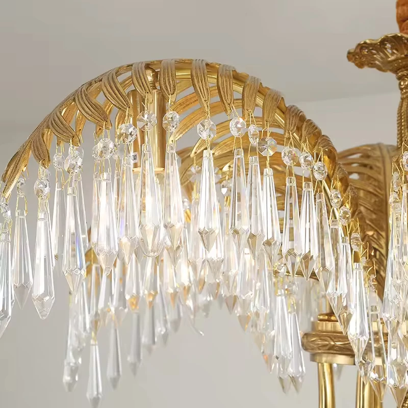 Hand Carving Gold Brass Hanging Pendant Lights Villa Living Room Luxury Crystal Palm Chandelier