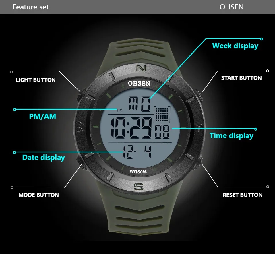 Ohsen Mannen Horloges Elektronische Led Outdoor Militaire Wateroof Horloge Geel Siliconen 5ATM Dive Stopwatch Klokken Digitale Horloge