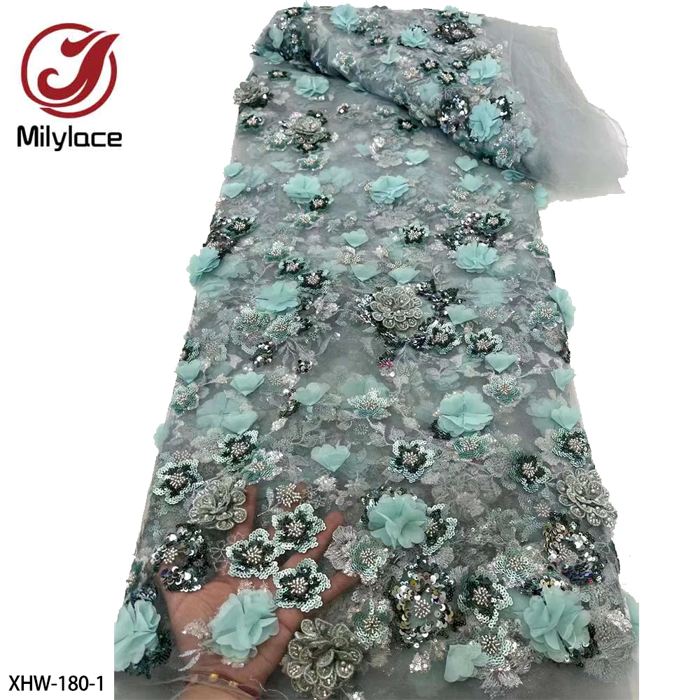 

Luxury Beads 3D Flower Embroidery French Tulle Lace Fabric Nigerian Sequin Lace Fabric for Wedding Party XHW-180