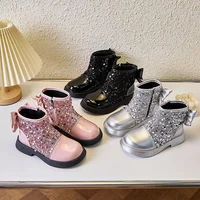 Children's Short Boots 2024 New Fashion Sequin Bow Baby Girl Princess Leather Shoes Autumn Soft Sole Non Slip Kid‘s Casual Shoes 4