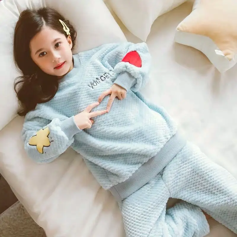 

2022 Children Girls' Fleece Coral Pajamas Warm Flannel Sleepwear Autumn And Winter Babs Girl Home Clothes Thicken Pyjamaghtgown