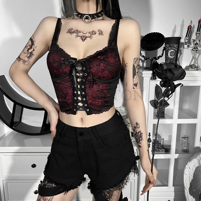 Velvet Black Lace Trim Emo Alternative Aesthetic Crop Tops Y2K Mall Goth Crop Women Backless Sexy Strap Tanks gothic tops| | -
