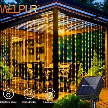 300Leds Solar Curtain Light Outdoor Fairy Garland String Lights 8 Modes Wedding Party Garden Decor Christmas Holiday Lighting 1