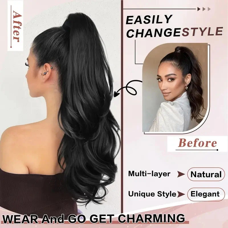 22Inch Synthetic Long Elegant Wavy Curly Layered Ponytail Extension Natural Look Easy Clip-In for Women