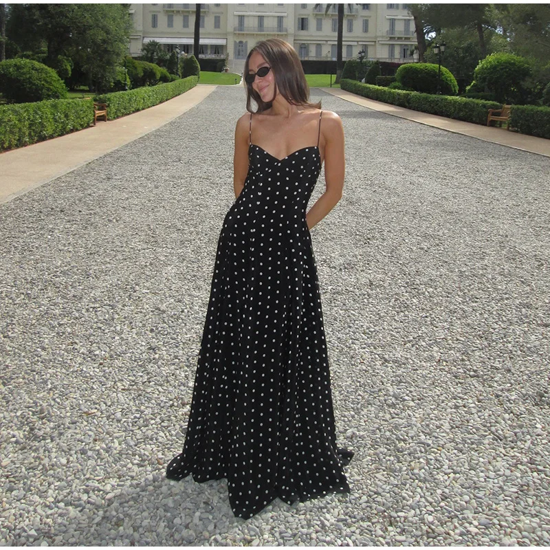 Elegant Dot Strapless Maxi Dress Women Pleat V-neck Sleeveless Backless High Waist A-line Dresses 2025 Summer Vacation Robes New