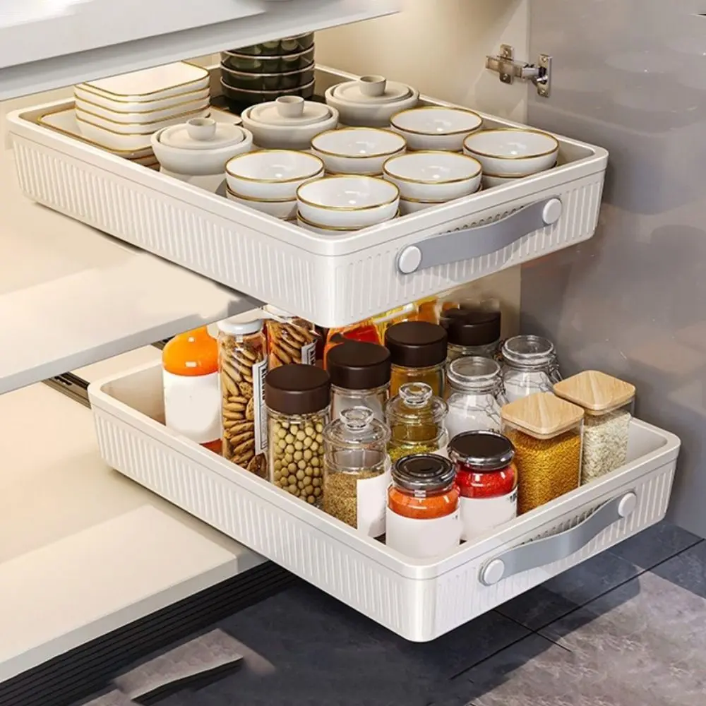 Plastic Kitchen Drawer Storage Rack Non Punched Large Capacity Spice Jars Storage Rack with Handle Anti-slip