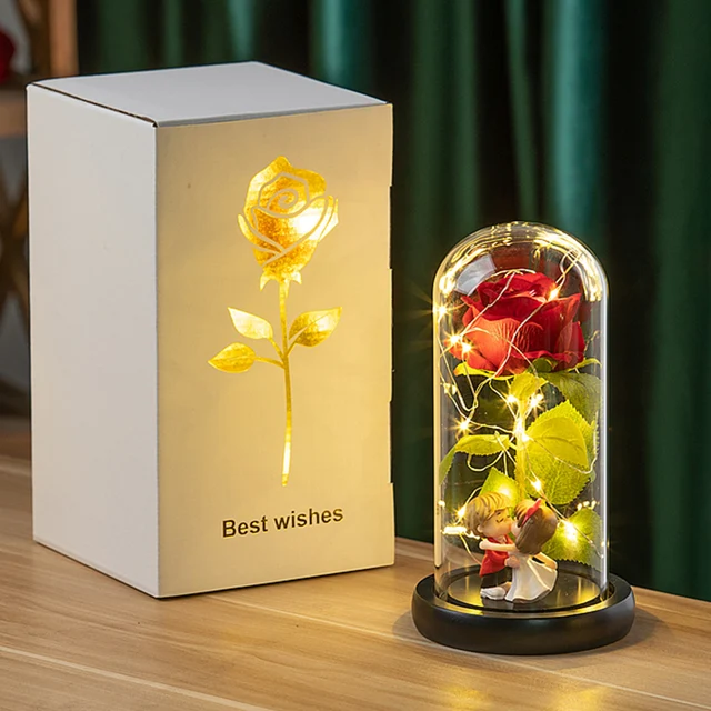Beauty and the Beast Eternal Rose with LED Lights – Artificial Silk Rose in Glass Dome 5