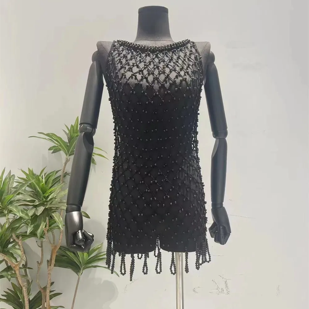 

Beautiful Embellished Fringed Mini Dress Glam Womens Pearls Slim Short Party Dress Birthday Outfits