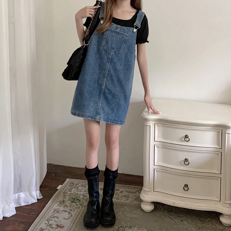 

Women Sleeveless Mini Dress Denim Spaghetti Straps Loose All-match Streetwear