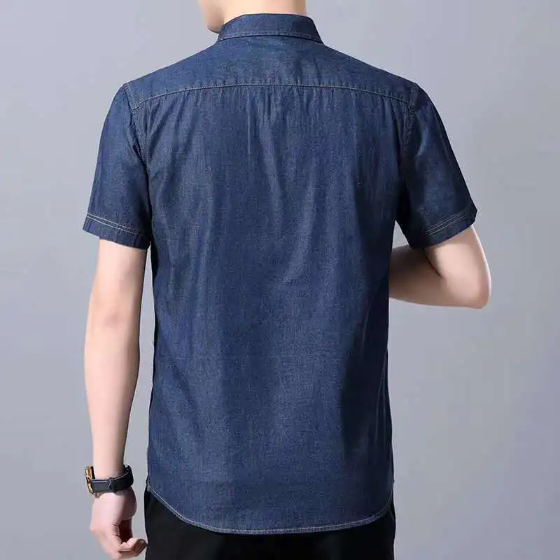 Summer Korean Version Simple Solid Color Fashionable Flip Collar Slim Fit Versatile Retro British Style Denim Shirt for Men