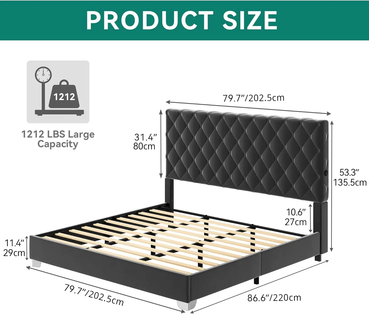 YITAHOME King Velvet Bed Frame, 53" Tall Headboard, 2 USB C/A, Button Tufted, No Box Spring, Noise-Free, Black 2