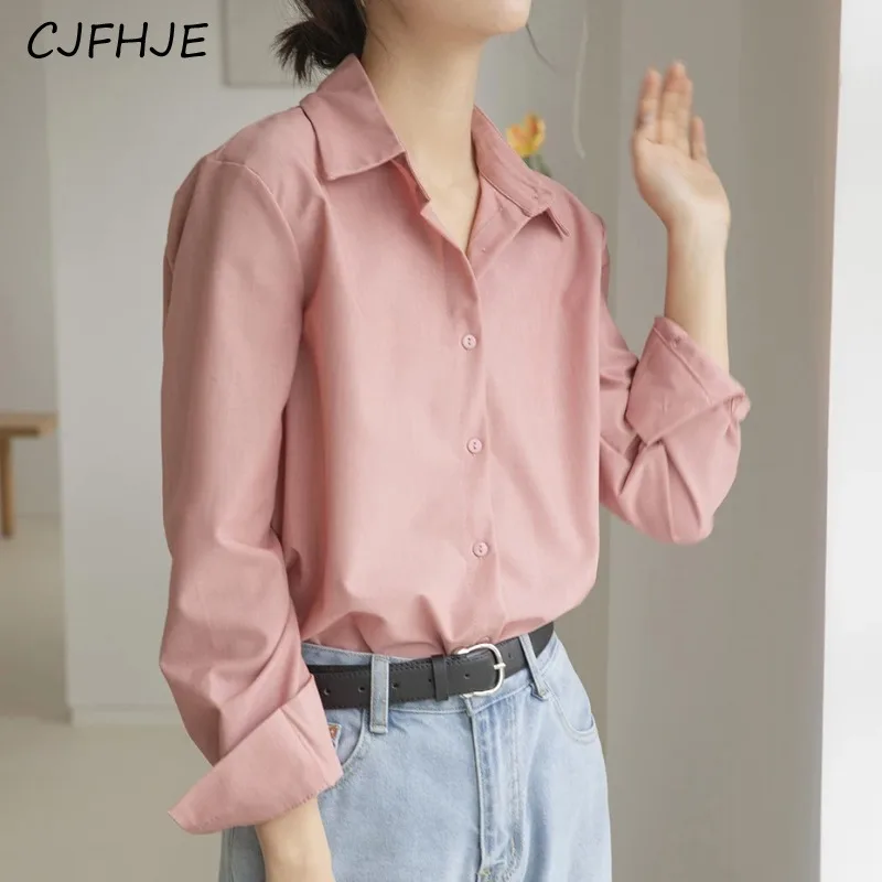 

CJFHJE Высококачественная элегантная белая блузка в офисном стиле, женская розовая рубашка с отложным воротником, однобортная рубашка с длинным рукавом