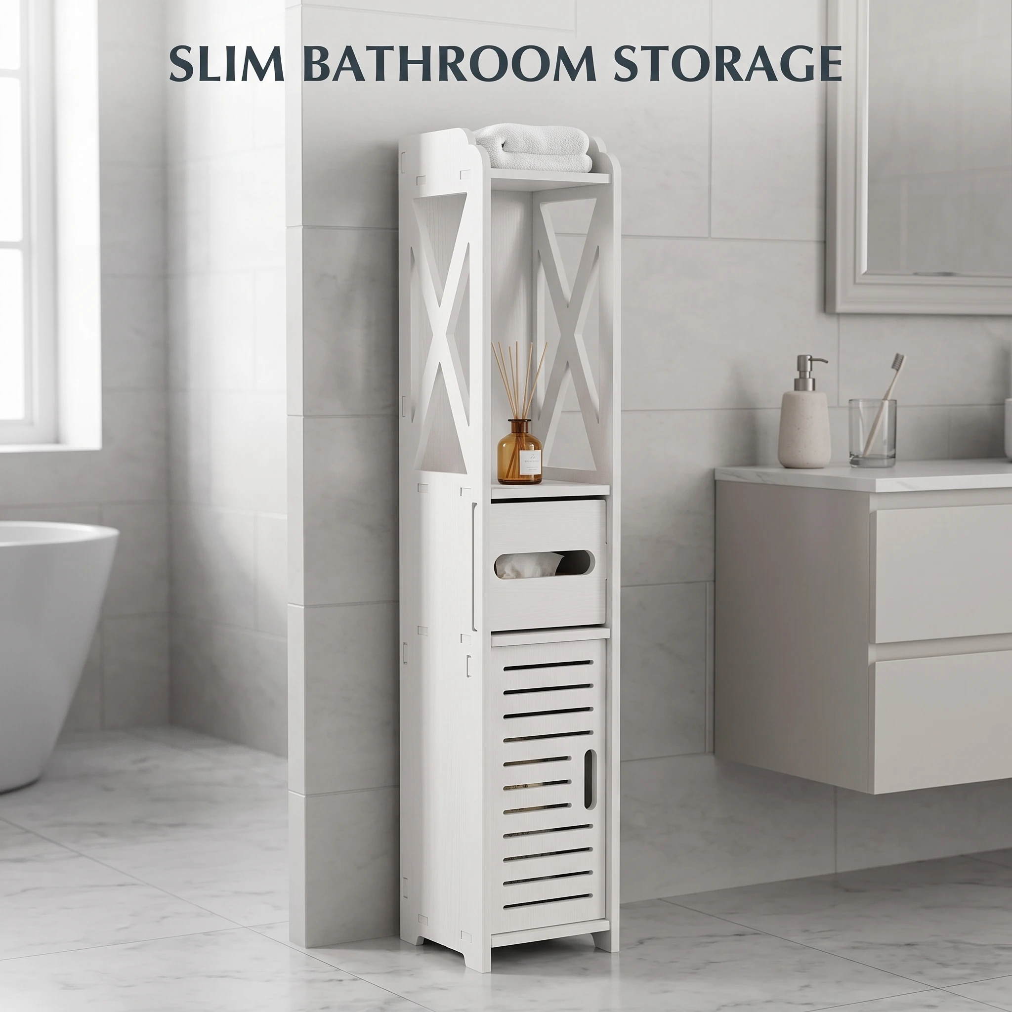 Bathroom Storage Cabinet White Wood Toilet Furniture Organizer with Shelf for Tissue Towel Bathroom Essentials 80x15.5x15CM