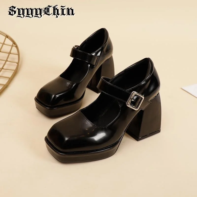 

New Women Pumps Mary Jane Belt Buckle Chunky High Heel Platform Female Pumps Ladies Square Toe Retro Shoes Mujer Zapatos