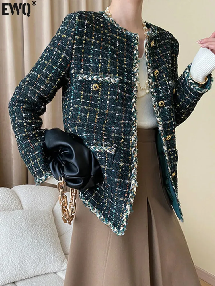 

[EWQ] Temperament O-neck Plaid Contrast Color Tweed Jacket For Women Office Lady Straight Woolen Coats 2023 Autumn New 23A4517