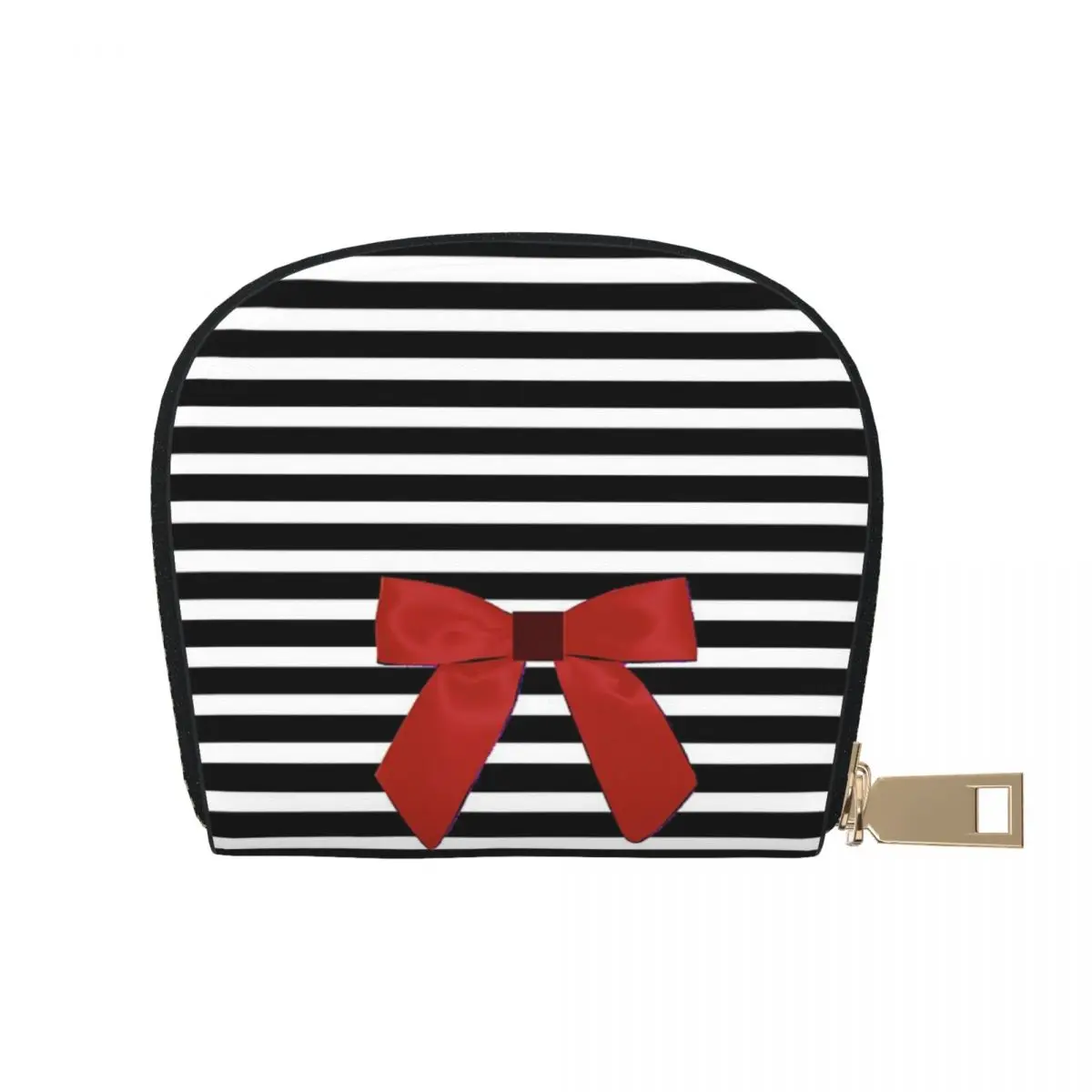 

Red Bow Black White Stripe Leather Card Case With Zip Portable 9x11cm
