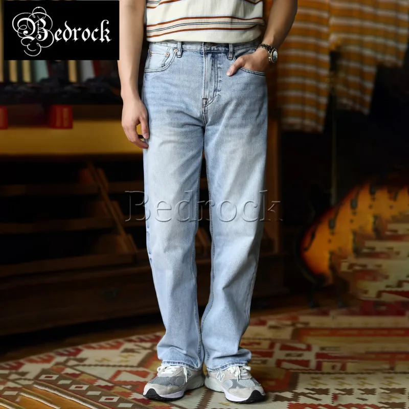 MBBCAR Summer New 12 oz Ice Light Blue Mens Jeans Stone Wash Selvedge Denim Jean Pants Vintage Slim Straight Leg Pants 7505