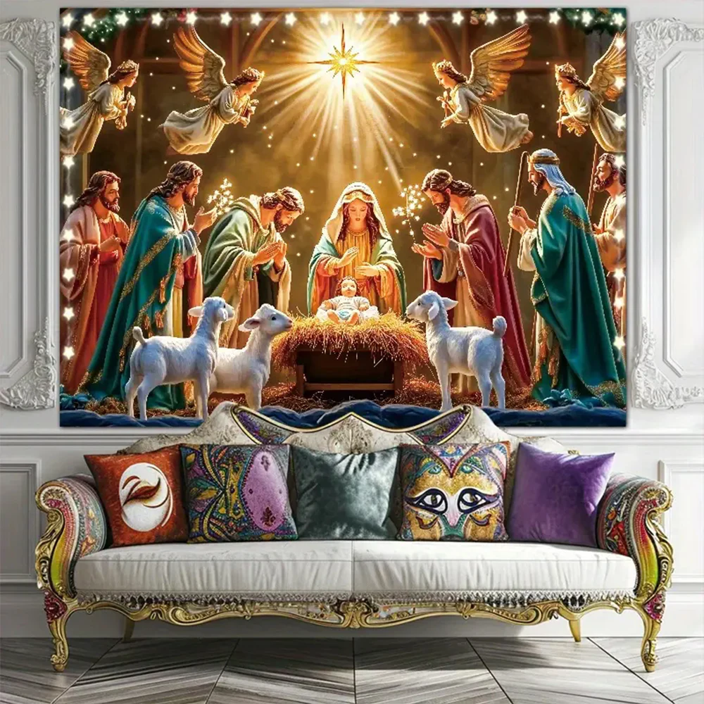 Tapestry decor Nativity Scene Starry Night Tapestry Wall Hanging Religious Manger Scene Tapestries Traditional Christmas Birthday Wall Decor