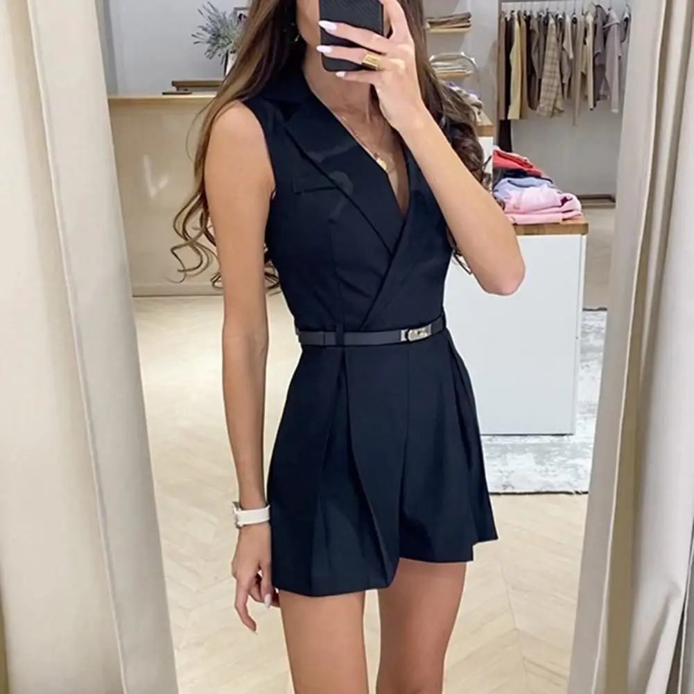 Lady Formal Romper Elegant V Neck Romper for Women Chic Formal Style Jumpsuit with Pleated Detail Slim Fit Above Knee Length