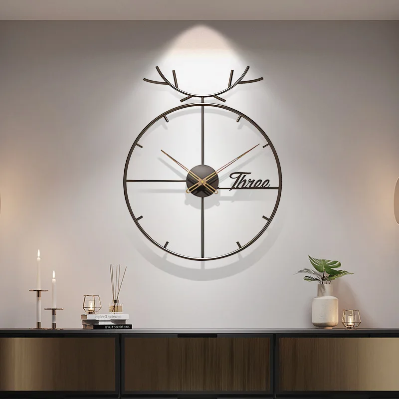 

Minimalist Decorations Wall Clock Iron Antlers Styling Round Home Dining Living Room Timepiece Simple Modern Art Quiet Luxury