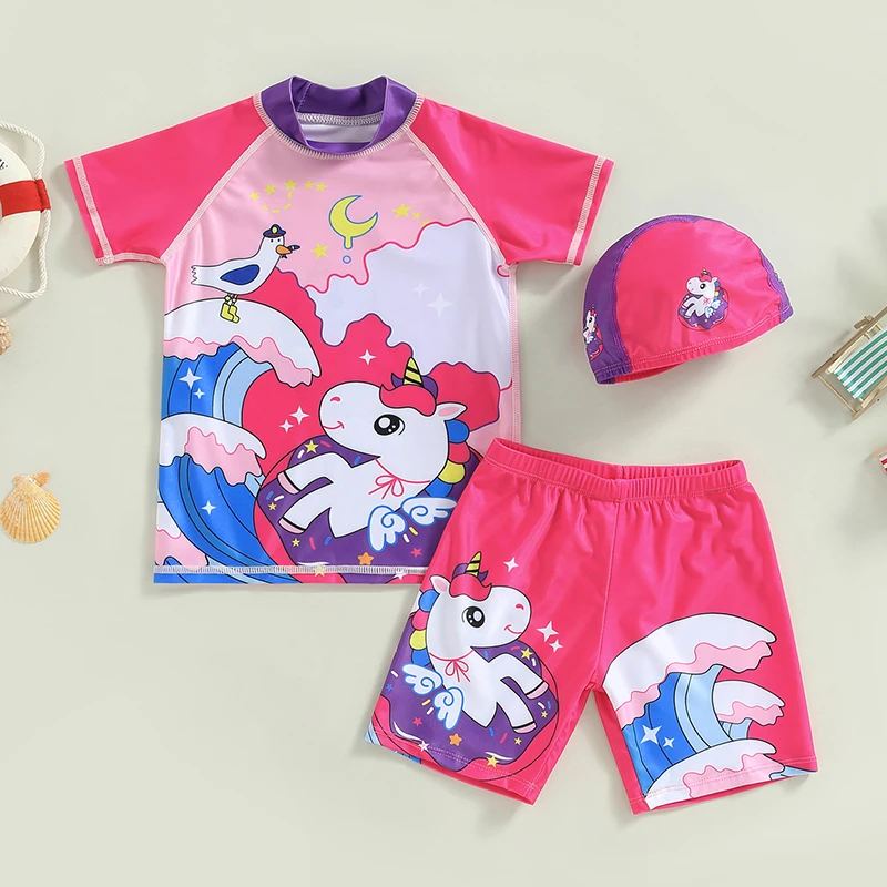 

Toddler Girls Summer 3PCS Swimwear Sets Cartoon Pony Short Sleeve O Neck T-shirt + Unicorn Print Shorts + Hat Swimsuit