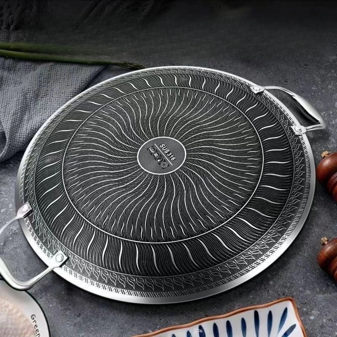 Stainless Steel Grill Pan for Outdoor BBQ, Camping, Korean BBQ, Compatible with Induction Stove & Gas Burner Stainless Steel