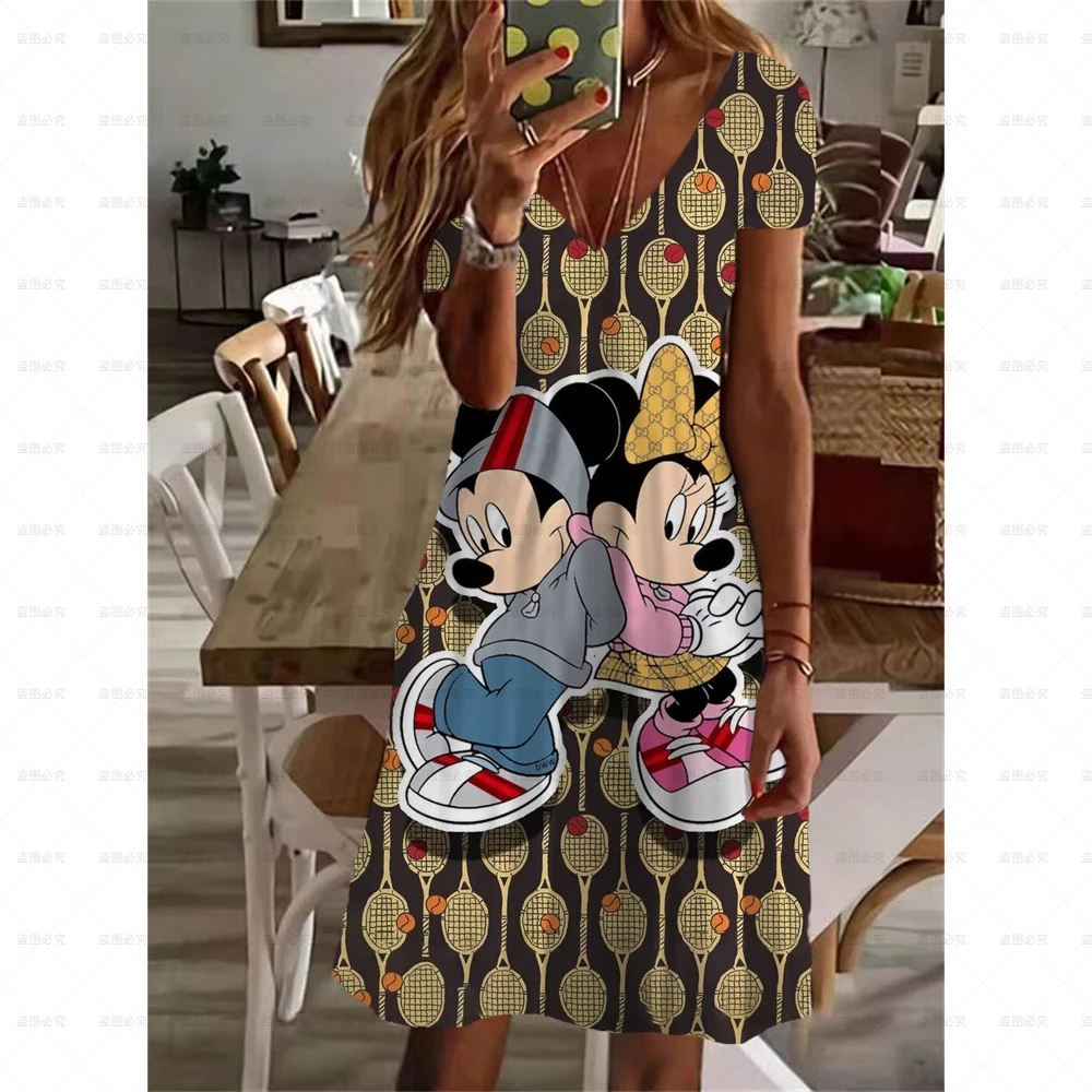 Nuevo diseño original de verano, vestido mini sexy y lindo de Mickey, escote en V, microelástico, a la moda, cómodo y moderno, vestido mini de calle