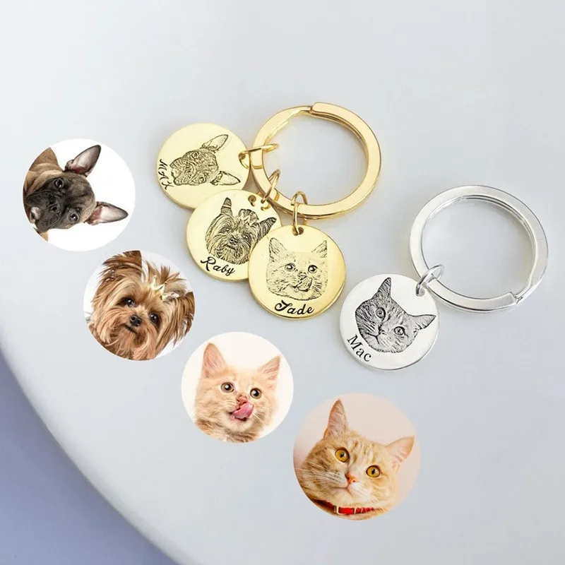 Dog Keychain Personalized Portrait from Photo Engraved Pet Memorial Gift Accessories for Mom Cat Key chain Father's Day