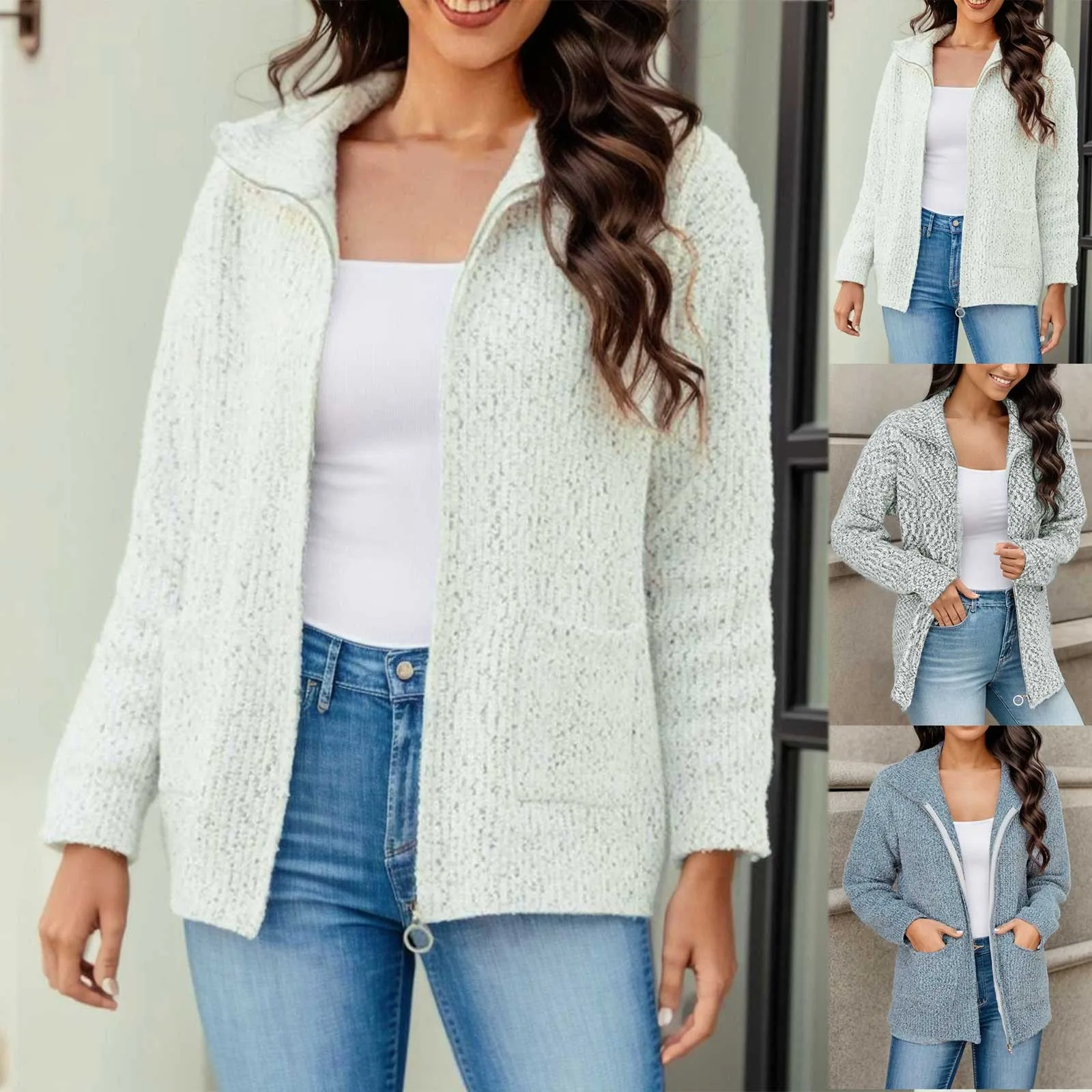 

Women's Knitted Cardigan Sweater Casual Lapel Zipper Sweater Jacket Long Sweaters Cardigans for Women