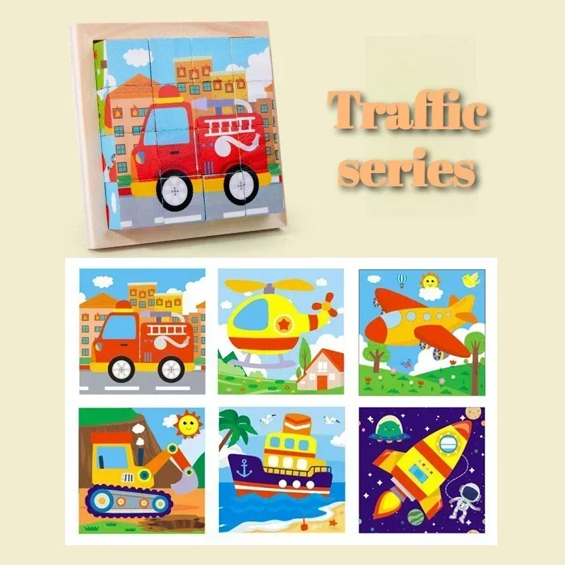 Baby Wooden Blocks Toys Children Six Side Cube Jigsaw Puzzles Game Animal Fruit Traffic Cognize Early Learning Educational Toys 5