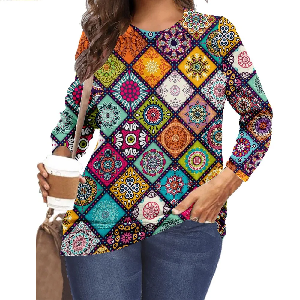 

Spring Bohemian Shirt Women Autumn Fashion Floral Print T Shirt Casual O-Neck Oversize Tops Long Sleeve Harajuku Clothes Elegant