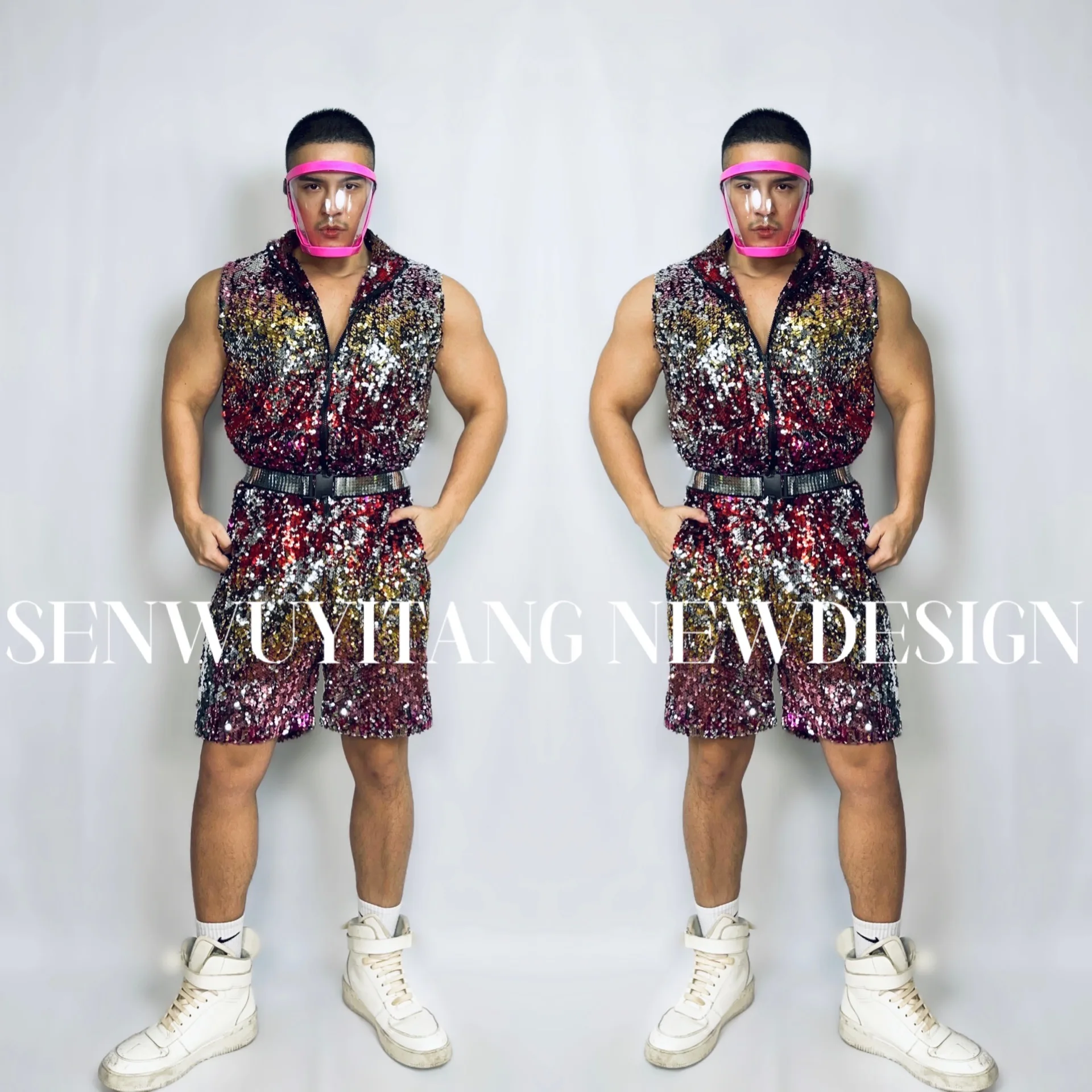 

Мужской Блестящий яркий комбинезон без рукавов с блестками, современный костюм для джазовых танцев, цельный комбинезон, одежда для ночного клуба, выступления, хип-хопа