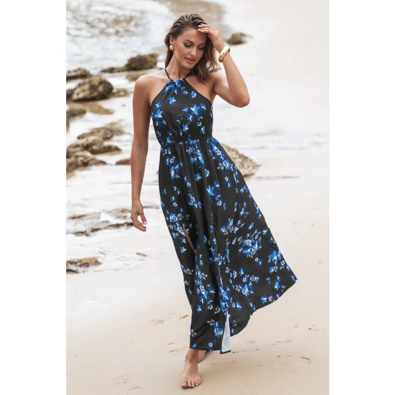 

Женское платье с лямкой на шее, повседневное пляжное платье с разрезом и принтом в стиле бохо, лето 2023