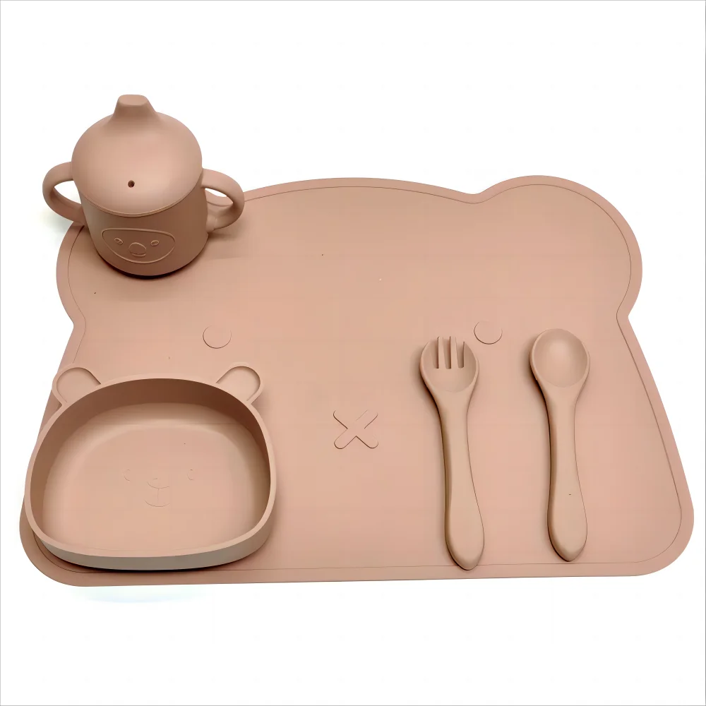 5pcs Children's tableware set silicone baby complementary bowl fork spoon bib five pieces baby one compartment dinner plate