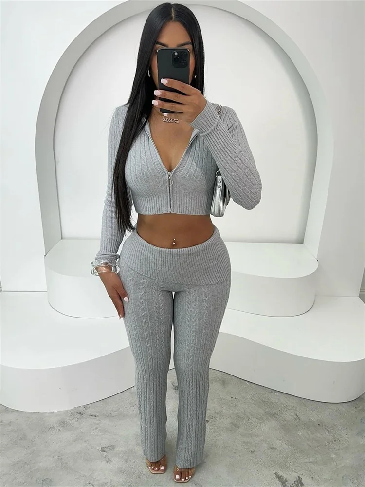 Wmstar New 2 Piece Sets Women Clothing Pants Sets Casual Solid Color Knitted Long Sleeved Two-piece Set Wholesale Dropshipping